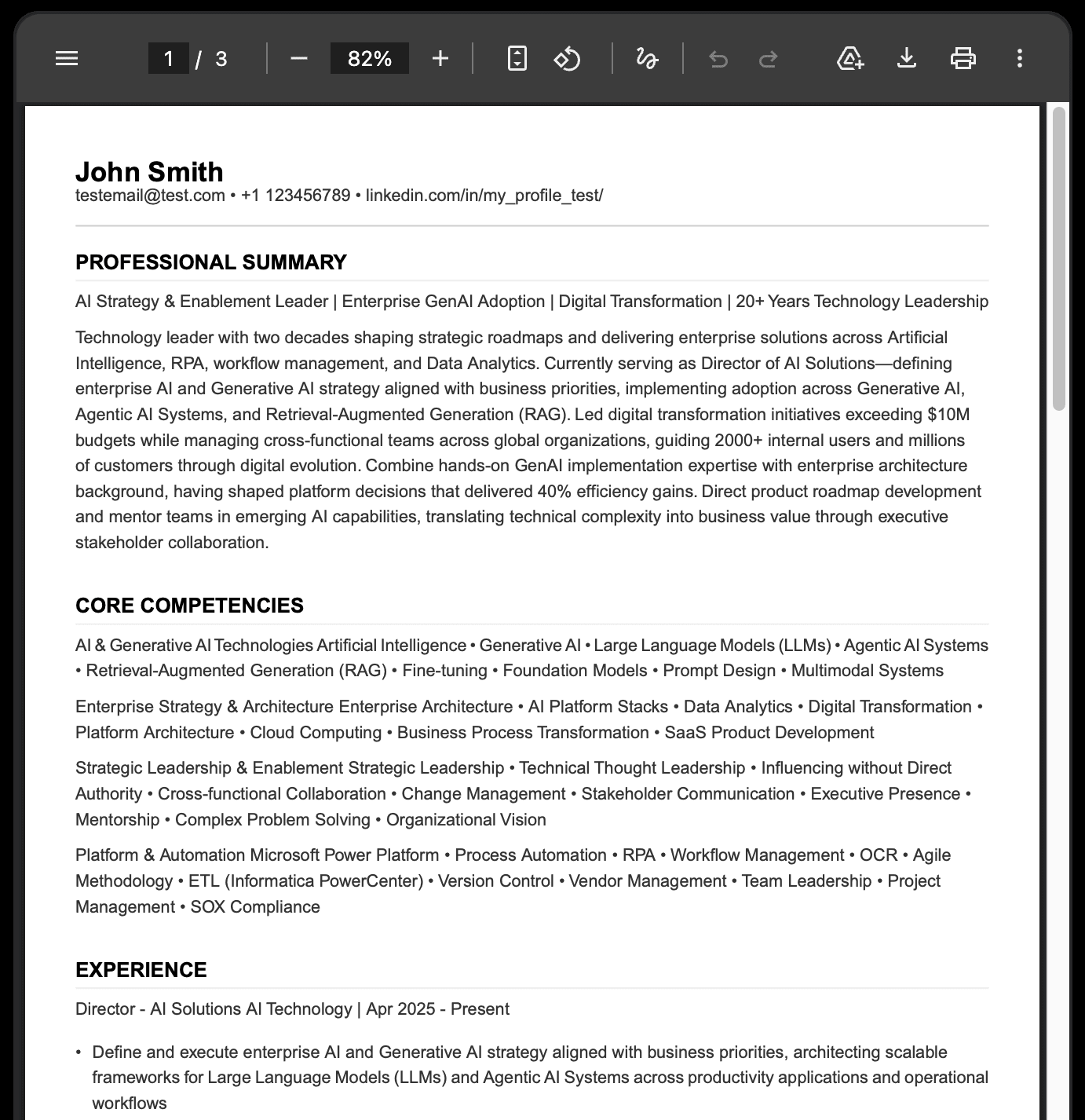 A clean, ATS-ready resume PDF preview with obvious sample data, shown in a document viewer.